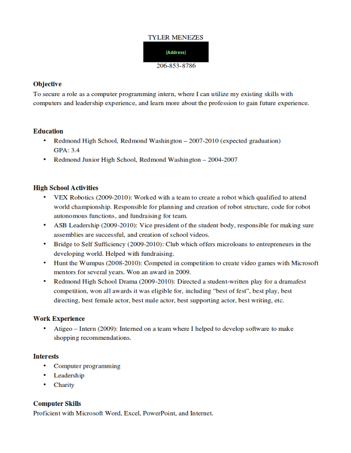 A generic looking resume with lots of irrelevant information.