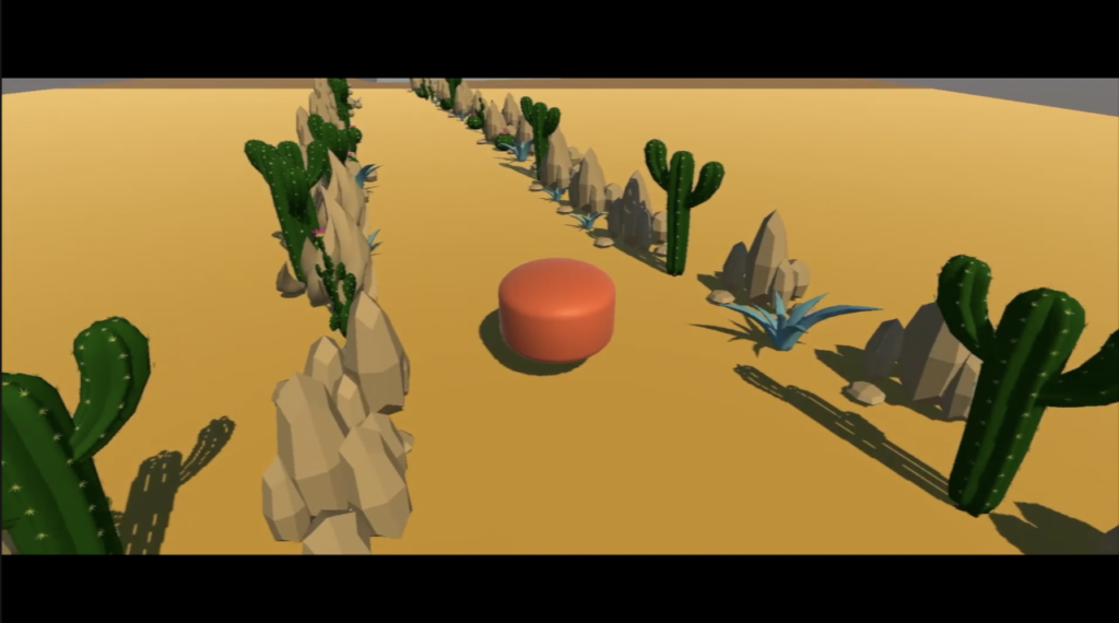 A screenshot of a game, with an orange cylinder in the middle of a desert.